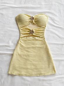 Soleia Vacation Strapless Hollow Out Patchwork Metal Buckle Textured Fabric Bodycon Mini Dress, For Music Festival, Bohemian, Holiday, Dates & Afternoon Tea Vacation Dress,Club Outfits Women Sexy - Yellow - View 7