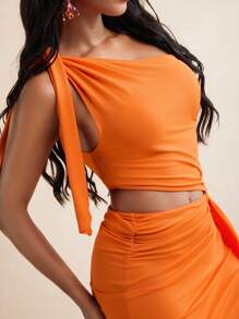 RARO 纯色单肩圆环镂空不对称性感中长连衣裙夏季女士海滩度假