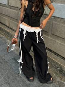 Coolane 女式夏季可爱 Y2K 派对蕾丝蝴蝶结中腰直筒黑色裤子 - 黑色 - 查看 4