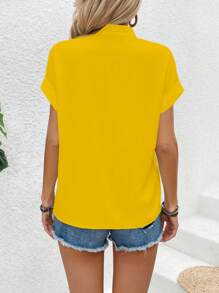 EMERY ROSE 女士休闲V领短袖纯色衬衫，夏季 - 黃色 - 查看 2