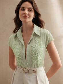 Anewsta Camisa con solapa de un solo botonadura decorada con lentejuelas y cuentas de alta calidad, blusa elegante y versátil para mujer