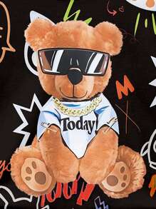 SHEIN Playful Pals Set de 2 piezas de camiseta de manga corta con estampado de gafas de sol y pantalones cortos con decoración de oso de dibujos animados para niños pequeños, conjunto de ropa a juego para hermanitos (Se venden 2 sets por separado) - Multicolor - Ver 7