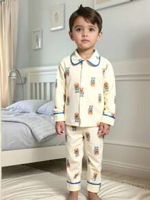 寶寶男孩可愛熊和宇航員印花兩件套家居服，包括針織外套和長褲 - 杏色 - 查看 5