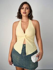 SHEIN Tall CURVE Plus Size Casual Minimalist Front Button Asymmetric Hem Halter Tank Top,Business Casual Woman - Yellow - View 3