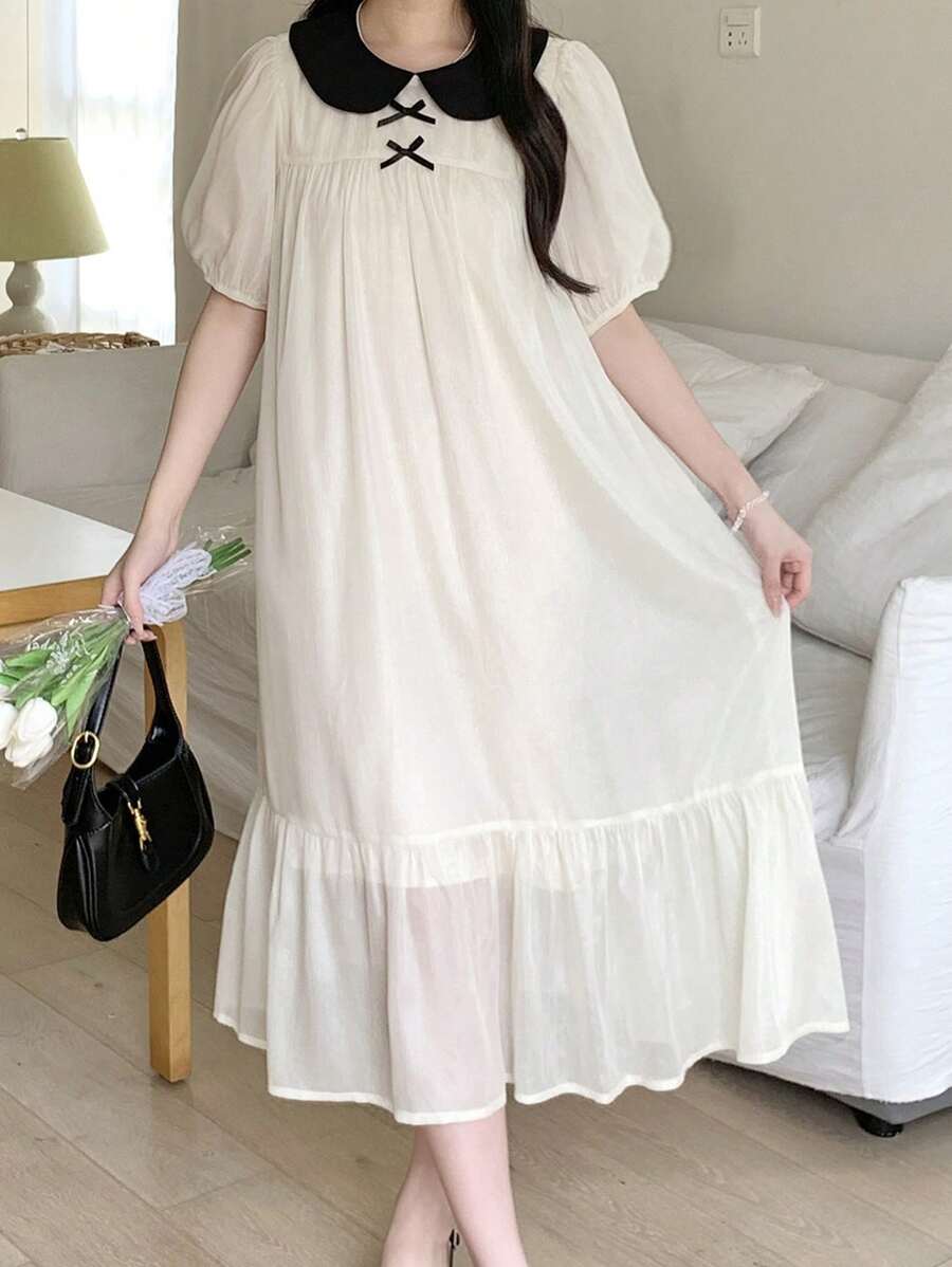 SHEIN 少女杏色梭织撞色黑色休闲优雅甜美拼色娃娃裙蝴蝶结装饰梭织短袖连衣裙，夏季，返校季 - 杏色 - 查看 1