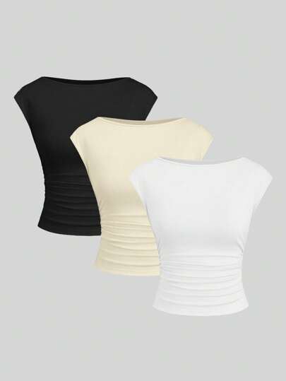 Sweetra 3pcs/Set Sexy Backless Breathable & Moisture-Wicking Short Sleeve Slim Fit Women T-Shirt Tops Set