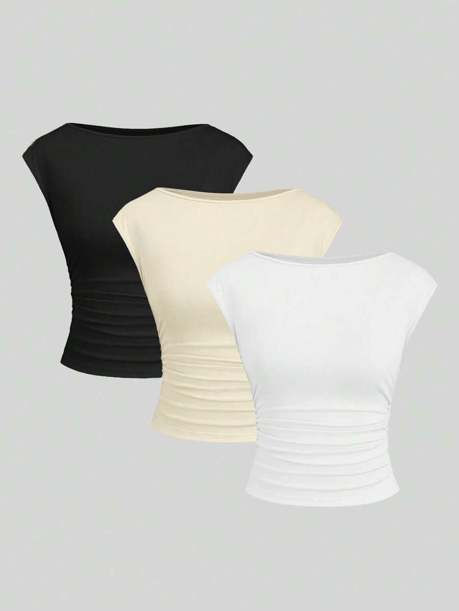 Sweetra 3pcs/Set Sexy Backless Breathable & Moisture-Wicking Short Sleeve Slim Fit Women T-Shirt Tops Set - Multicolor - View 1