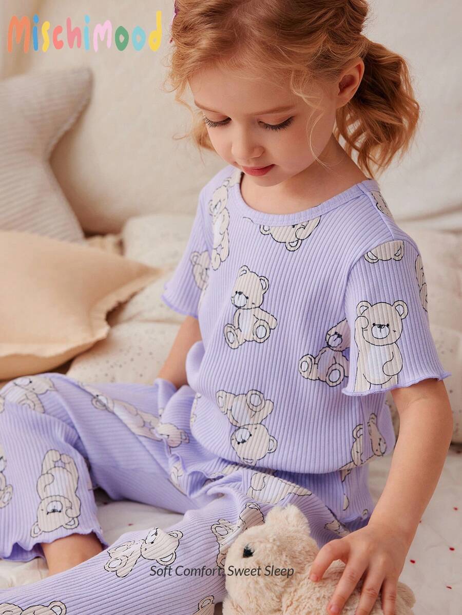 2pcs/Set Young Girl Casual Cute Cartoon Bear Print Short Sleeve Top And Pants Homewear Sets