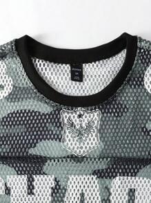 ROMWE MEN Street Life Camiseta casual holgada de hombre con estampado de letra en camuflaje de malla - Verde militar - Ver 2