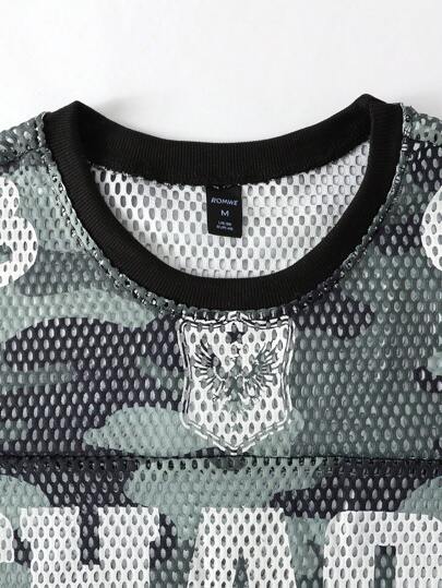 Prep Men's Streetwear Mesh Camouflage Letter Print Oversized Short Casual T-Shirt