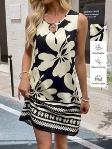 SHEIN LUNE 1pc Women's Casual Sleeveless Patterned Short Vacation Dress Summer Outfits For Women Summer Dresses For Women Vacation Outfits Woman Vacation Outfits Women Vacation Dress Boho Women's Clothing Dresses For Women Strapless Dress,Shirt Dresses For Women,Bohemian Clothes