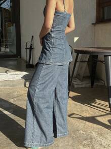 DAZY 女士 2 件套休闲背心和直筒牛仔裤，夏季牛仔装 - 中等水洗藍 - 查看 5