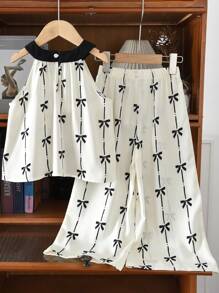 2pcs Set Young Girl Woven Striped Bow Decor Round Neck Tank Top & Loose Casual Wide Leg Pants - Black and White - View 2