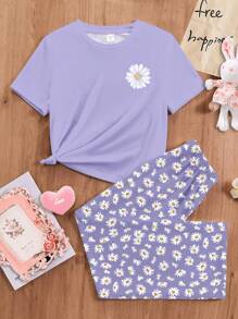 SHEIN Leap Crew 波西米亚风格雏菊花卉印花，青少年女孩休闲简约圆领短袖 T 恤和宽松长裤家居服套装，适合夏季 - 彩色 - 查看 3