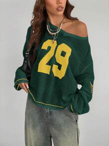 Coolane Women Couple Same Style Knit Green Striped & Number Printed Oversized Jersey Cover Up Sweater Tops For School Chunky Sweater In Fall/Winter - Dark Green - View 3
