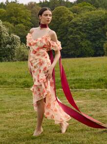 Enchnt Váy in họa tiết bèo nhún viền dây mảnh cho nữ, thanh lịch và thời trang cho mùa hè - Hồng - Xem 5