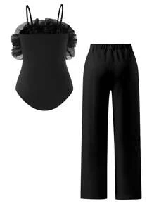 2pcs/Set Girls Embroidered Flower Camisole And Knit Jogger Pants Set - Black - View 2