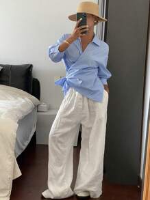 Livesso 女士修身长袖条纹斜领系带优雅休闲夏季度假衬衫 - 藍色 - 查看 3