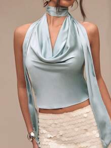 SHEIN BAE Women's Halter Flowy Tunic Top, Elegant For Summer, Graduation, Wedding Season - Green - View 6