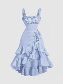 SHEIN MOD Đầm nữ cổ điển nhiều lớp màu mơ lãng mạn cỡ lớn viền bèo nhún phong cách cung điện - Màu xanh lam - Xem 1