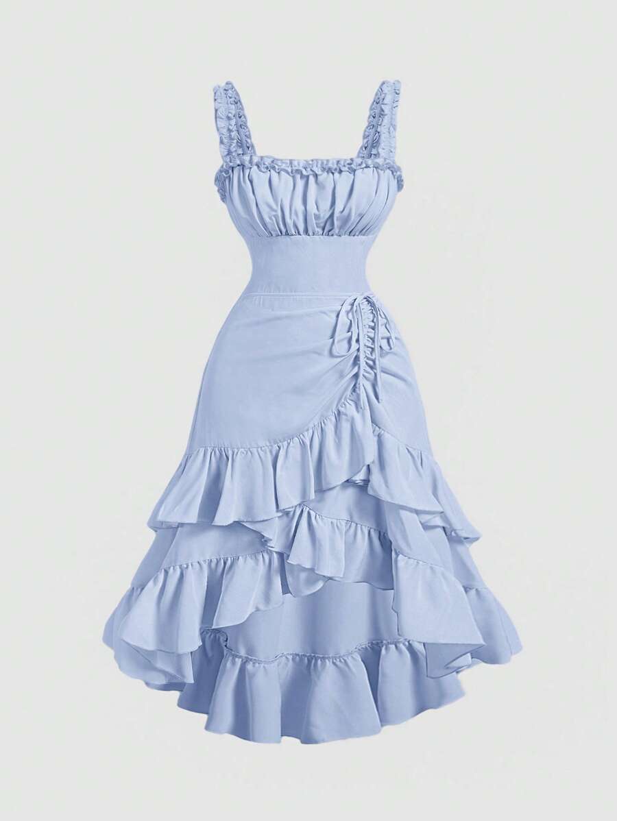 SHEIN MOD Đầm nữ cổ điển nhiều lớp màu mơ lãng mạn cỡ lớn viền bèo nhún phong cách cung điện - Màu xanh lam - Xem 1