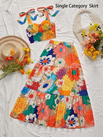 Vivid Eden Falda larga estampada de cintura alta y holgada con estampado floral colorido, adecuada para vacaciones, primavera/verano, casual, playa, festival
