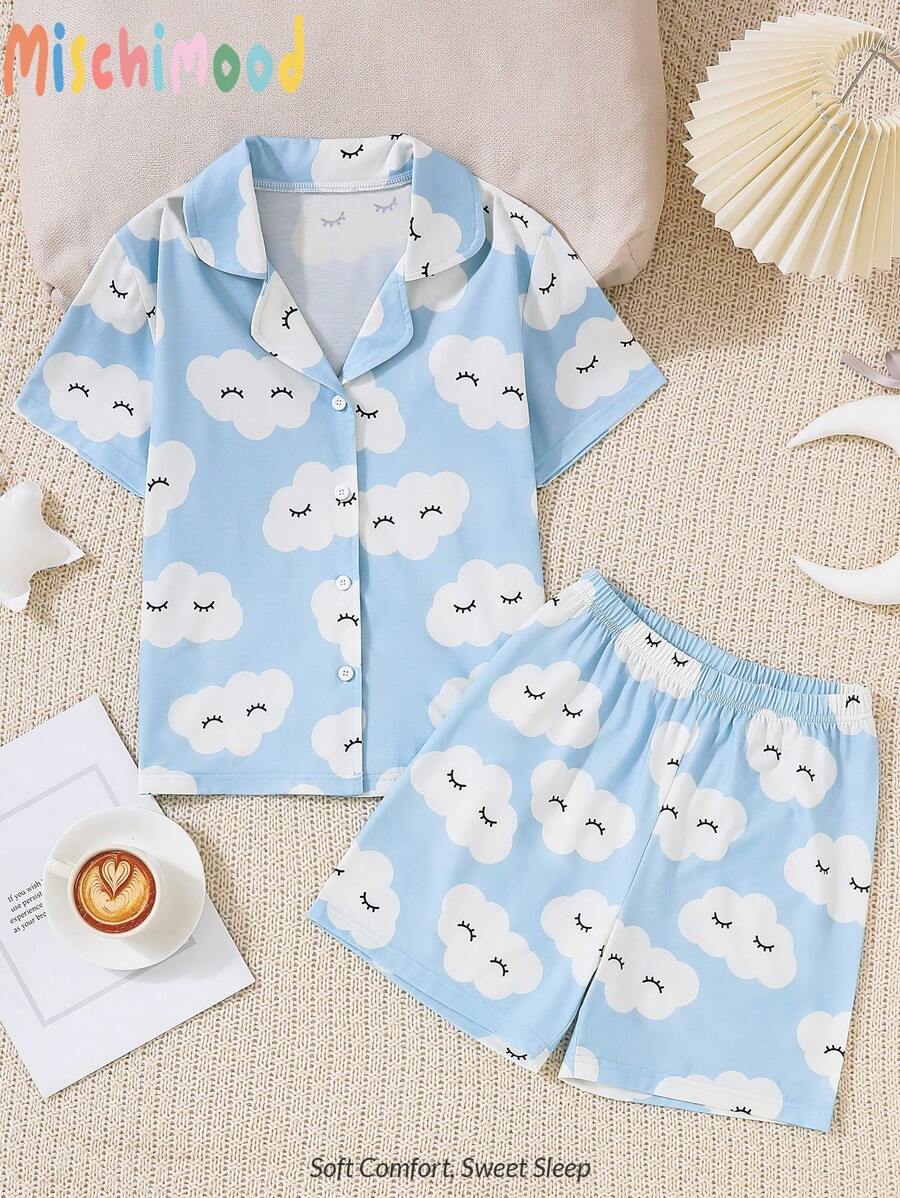Tween Girls' Cute Cloud Print Short Sleeve Top And Shorts Homewear Set - Blue - View 1