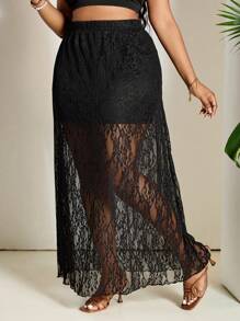 SHEIN PETITE CURVE Plus Size Women Floral Lace Skirt Women Summer For Vacation Country Concert People Of Shorter Stature - Black - View 4