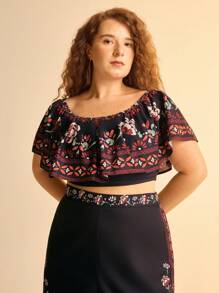 CAJUNI 大码女式波西米亚花卉印花荷叶边露肩休闲黑色衬衫，休闲度假 - 彩色 - 查看 1