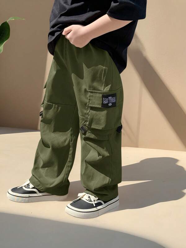 SHEIN Young Boy 1pc Casual Hip Cool Hip Hop Style Loose Windbreaker Material Large Patch Pockets Cargo Pants