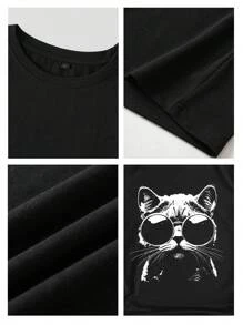 Tseoso 休闲简约太阳镜猫咪图案女式T恤 - 黑色 - 查看 4