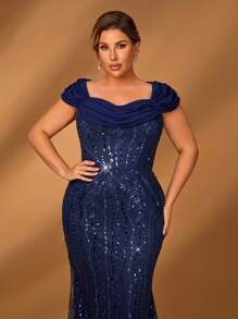 Serin Plus Size Elegant & Luxurious Blue Long Mother Of The Bride Dress With Cap Sleeve, Embroidered Floral & Sequins Details - Navy Blue - View 2