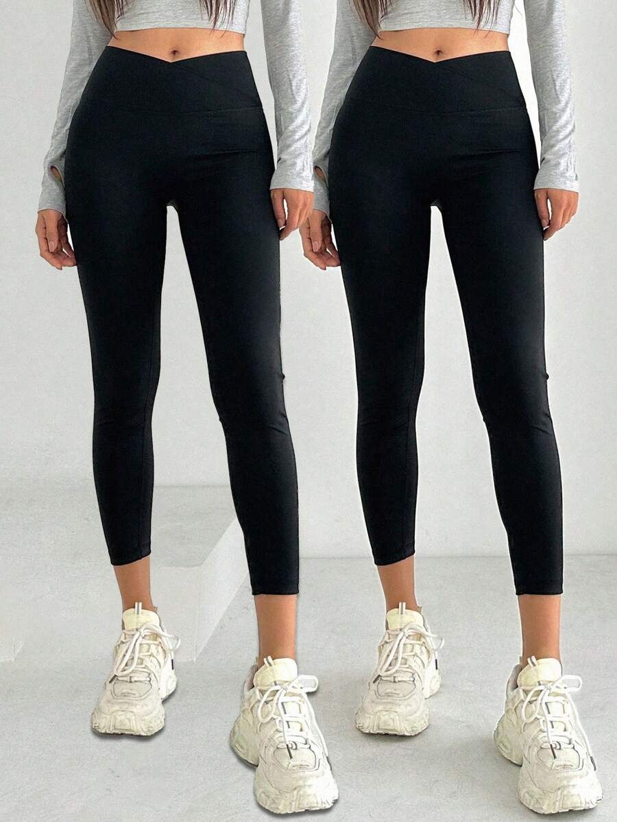 SHEIN EZwear 2件套女士高腰七分紧身裤，休闲秋季女装运动服 - 黑色 - 查看 1