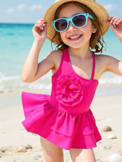Emery Rose Kids Emery Rose Kids Young Girl Solid Color 3D Flower One-Piece Swimsuit
