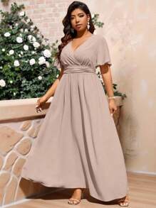 Cravure Plus Size Solid Color V-Neck Cross-Wrap Ruched Summer Elegant Short Sleeve Dress, Wedding Guest Dress Maxi Women Outfit Wedding - Apricot - View 1
