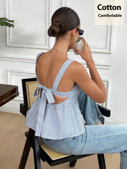 Serisse Summer New Pure Cotton Blue & White Striped Backless Bowknot Tie Blouse For Women,Baby Shirt, Cute Tops