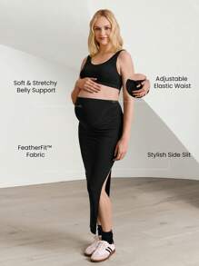 GLOWMODE FeatherFit™ 优雅孕妇装高腰侧开衩弹力修身长裙孕妇低冲击瑜伽普拉提工作室日常休闲装 - 黑色 - 查看 2