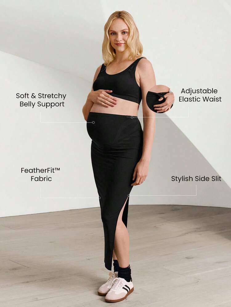 FeatherFit™ Llena de Gracia Falda Larga de Maternidad Cintura Alta con Aberturas Laterales Elástica Ajuste Ceñido Embarazo Yoga de Bajo Impacto Pilates Uso Diario Casual