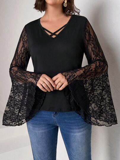 Chikora SHEIN Clasi Plus Size Women Fashionable Elegant Foil Splicing Lace Flare Sleeve Top, Elegant Evening Party Top,Shiny Suitable For Party & Daily Wear Back To School Top Fall Wedding Guest Top