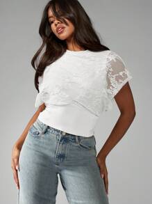 MISSGUIDED Lace Embellished Puff Sleeve Cinched Waist Top Elegant Evening Occasion Summer Spring Blouse - White - View 5