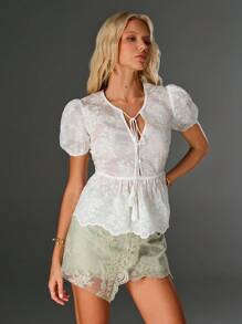 SHEIN Unity White Embroidery & Beaded Decor V-Neck Casual Summer Shirt For Women - White - View 3