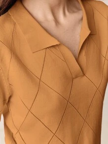 BizChic Autumn Women's Caramel Polo Collar Diamond Knit Short Sleeve Pullover Sweater, Basic Urban Commute Simple Elegant Fashionable Business Casual Outfit, Suitable For Teachers, Office Wear
