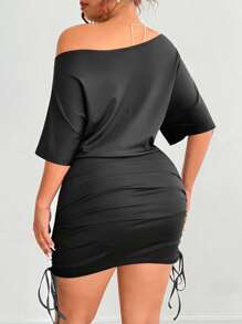 Flirla Vestido mini ajustado con hombros descubiertos, cordón en la cintura y casual - Negro - Ver 2