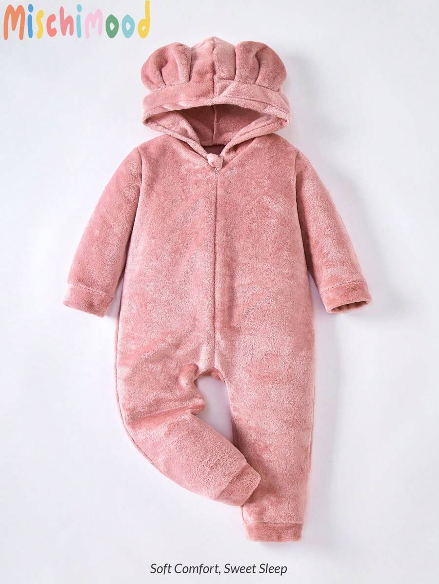 女孩粉色简约长袖毛绒连体裤，舒适温暖的家居服 - 藕粉色 - 查看 1