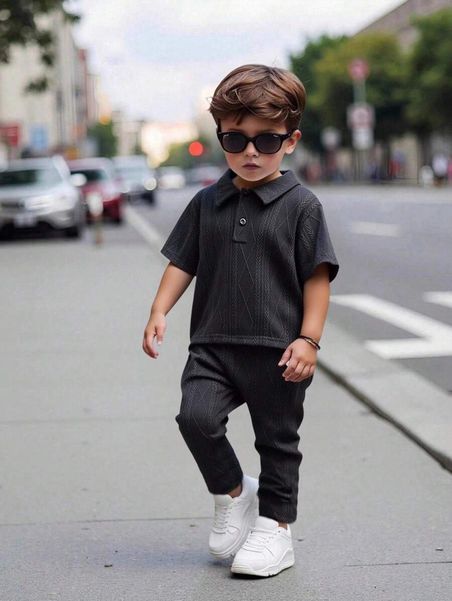 SHEIN 2pcs/Set Toddler Boys Cute Casual Sports Striped Print Half-Placket Polo Shirt And Solid Color Sports Long Pants, Suitable For Daily Wear, School, Outdoor, Dining, Summer Camp, Spring/Summer - Grey - View 1