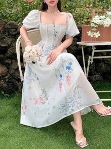 DAZY Vestido romántico con estampado floral estilo francés, moda para mujer