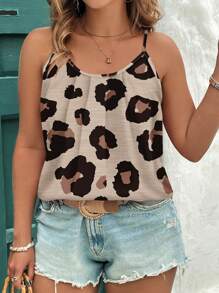 EMERY ROSE Elegant Casual Solid Color & Leopard Pattern Plus Size Women Cami And Tank Top, Suitable For Summer Suitable For Going Out - Khaki - View 2