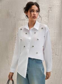RueChic Cotton Pearls Beaded Button Front Shirt - White - View 3