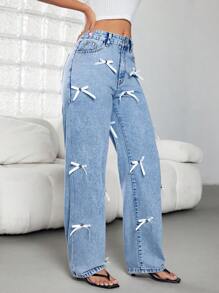 SHEIN ICON 女士休闲直筒牛仔裤 - 藍色 - 查看 4