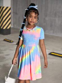 SHEIN Leap Crew Tween Girls Tie-Dye Printed Knit Casual Everyday Dress, Versatile For Street, Vacation, And Any Occasion - Multicolor - View 3